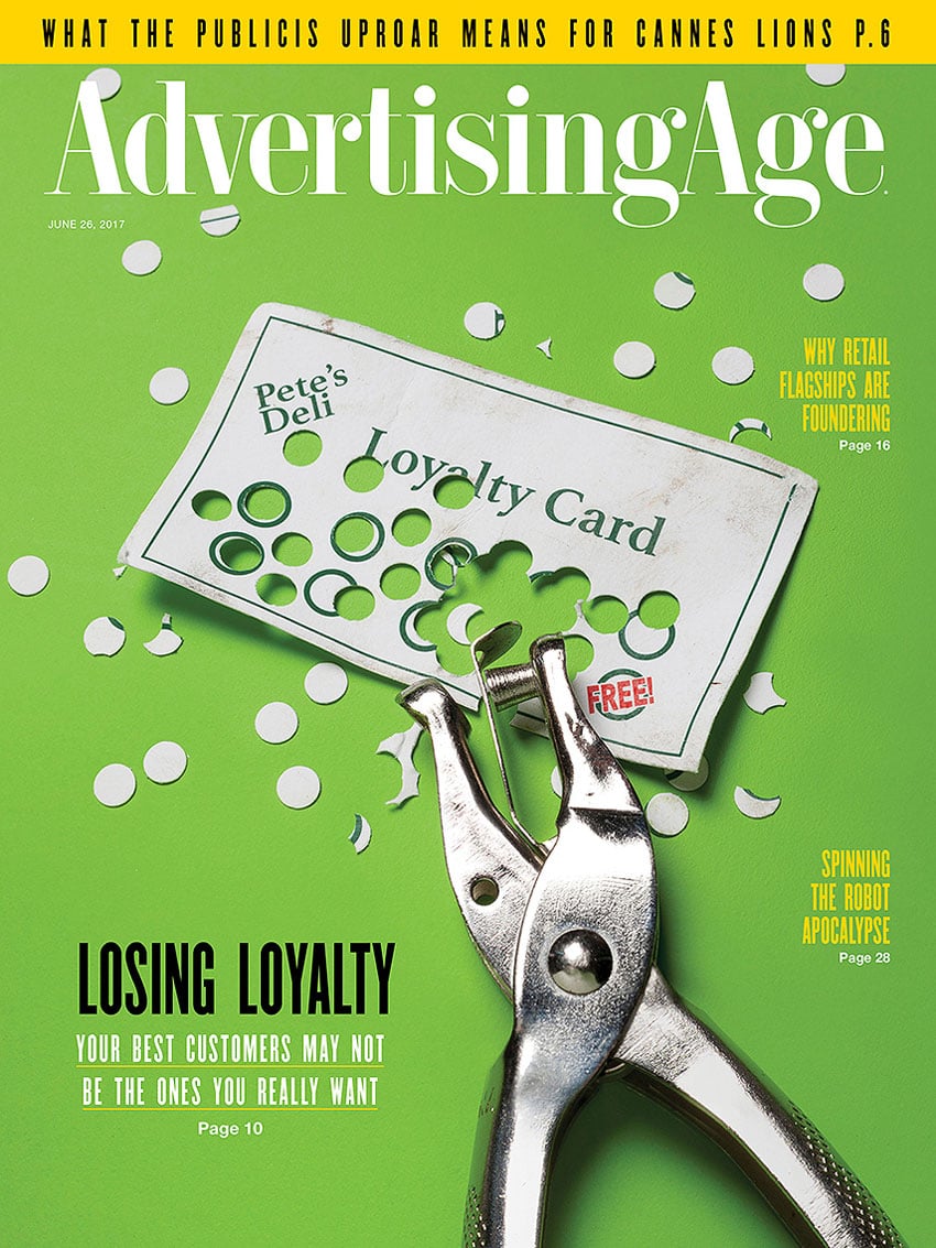 A tear sheet for Advertising Age featuring the photographic work of John Kuczala. The photo, for the publication's cover, features a "Loyalty Card" on a lime green background that says "Pete's Deli" in the upper left corner. The card has several circles indicating where to punch holes, but the card has holes punched everywhere on the card. Paper hole cutouts surround card, and a metal hole-puncher rests partially on top of the card.