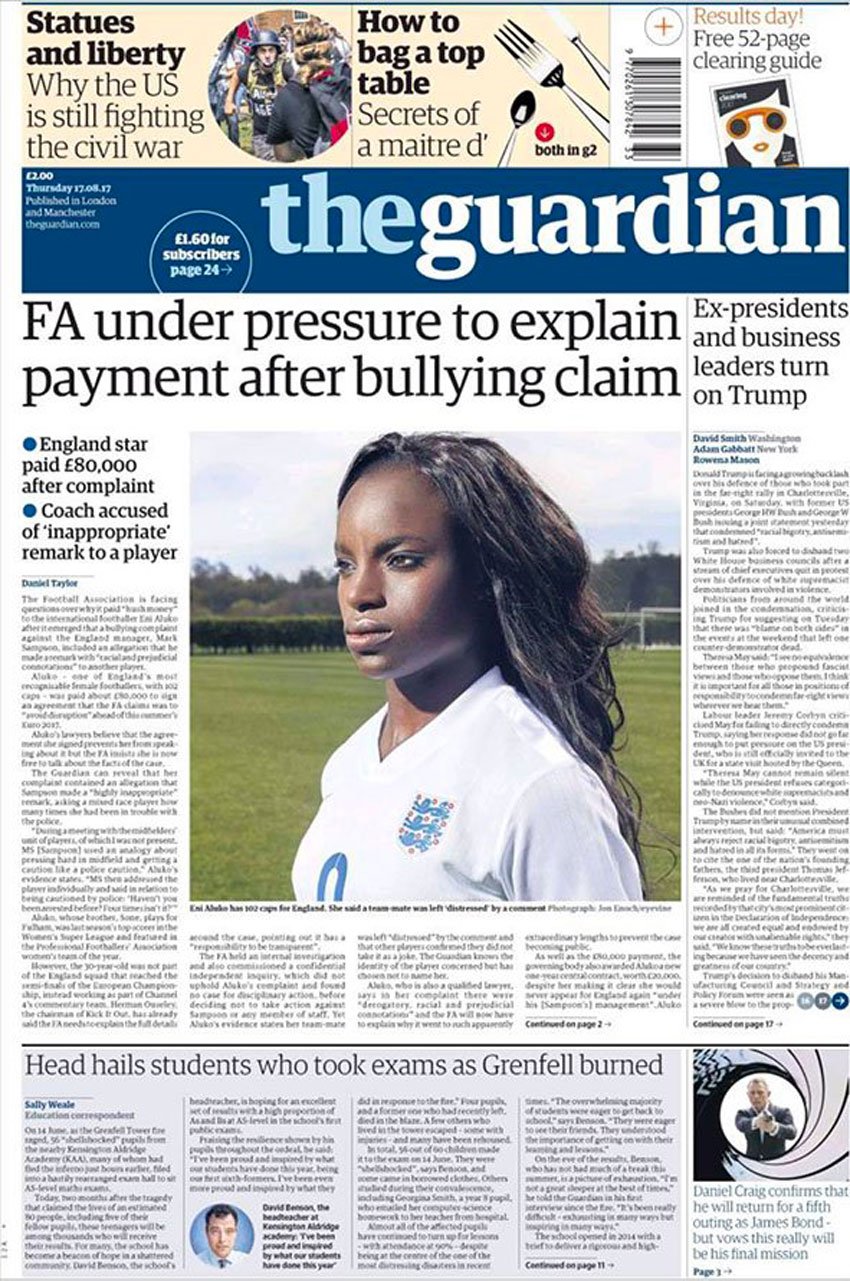 Published tear sheet featuring a compelling portrait of a female football player, photo by Jon Enoch.