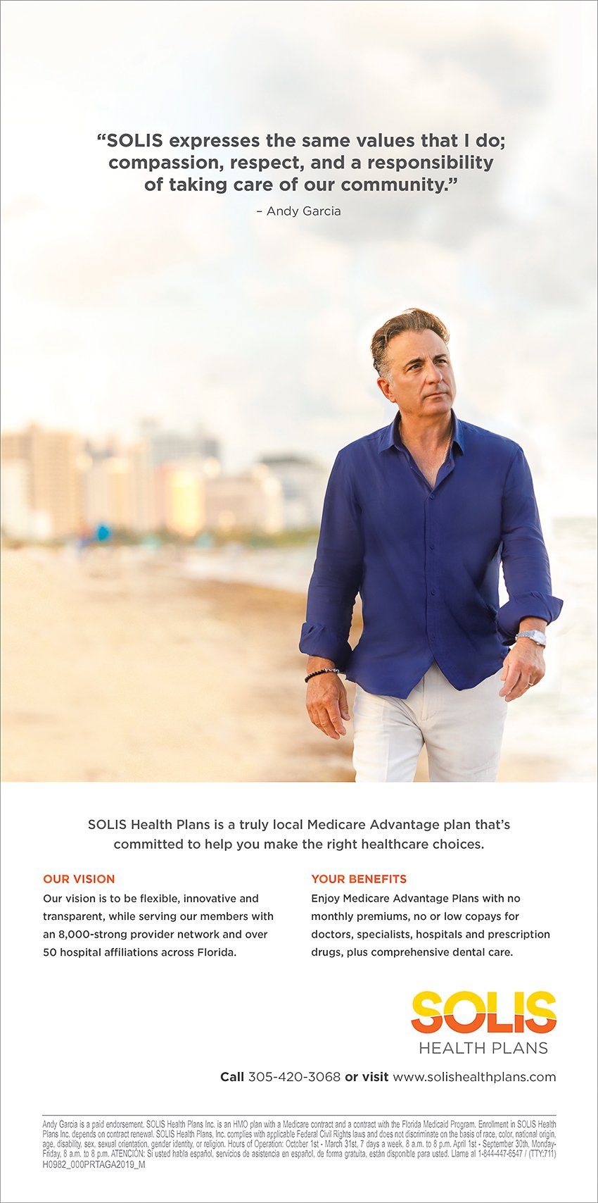 Tearsheet for Solis Health with a photo of Andy Garcia walking along a beach.