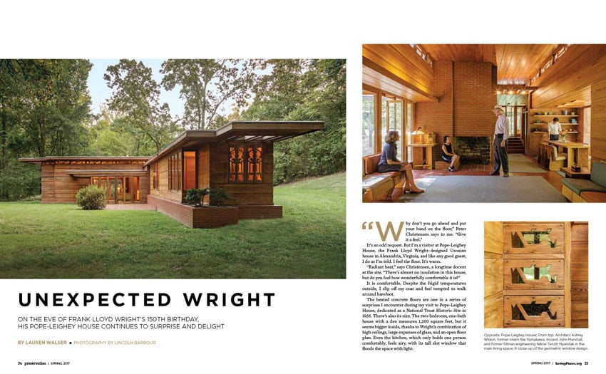 A page from Preservation Magazine's article featuring three of Lincoln Barbour's photos of Frank Lloyd Wright's Pope-Leighey House. The page features one photo of the exterior of the house, one of a room inside the house with people for scale, and one close-up of some of the house's geometric window designs.