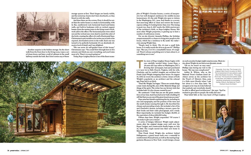 A page from Preservation Magazine's article featuring three of Lincoln Barbour's photos of Frank Lloyd Wright's Pope-Leighey House and one historic black and white photo of the house in its original Falls Church location. The modern photos feature the exterior of the house, a room inside the house, and a portrait of Ashley Wilson outside the house.