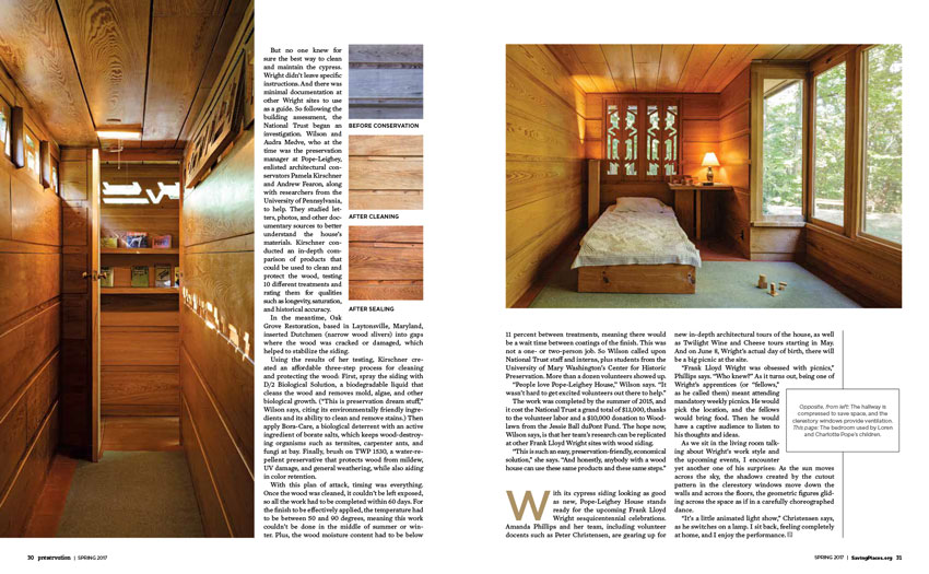 A page from Preservation Magazine's article featuring Frank Lloyd Wright's Pope-Leighey House. The page features two of Lincoln Barbour's photos of the interior of the home. On the left is shot of a narrow hallway within the house and on the right is a shot of a small bedroom that was used by the original family's children. This page of the article also features three close-up shots of the wood of the house: before conservation, after cleaning, and after sealing.