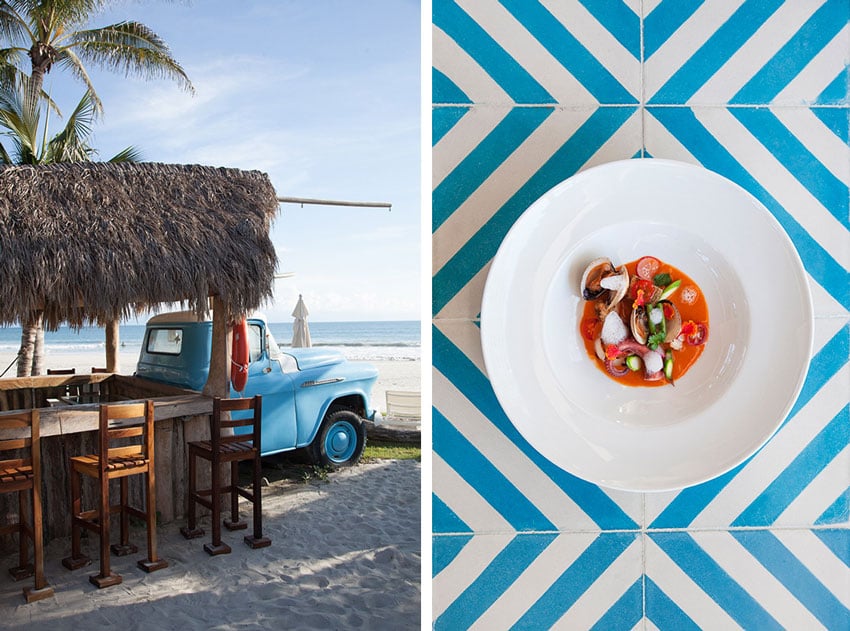 One image captures the authentic sea-side restaurant, while the other highlights a delectable seafood dish, photo by Lindsay Lauckner Gundlock