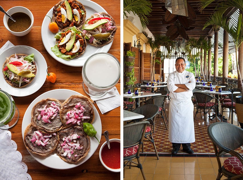 One image features delicious appetizers accompanied by fresh drinks, while the other showcases a portrait of the chef responsible for crafting the dish, photo by Lindsay Lauckner Gundlock.