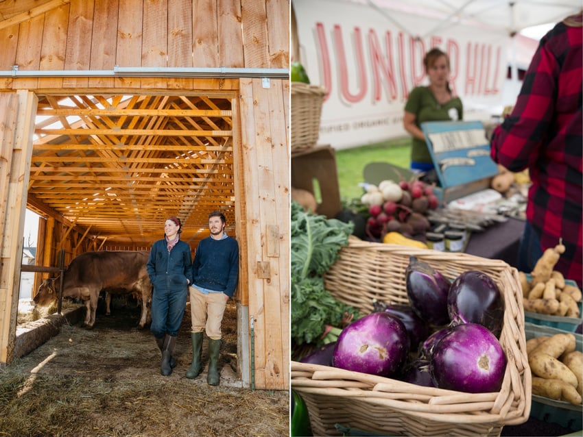 A diptych of photos by photographer Lisa Godfrey for Adirondack Life Magazine. The photo on the left features a man and woman in rain boots standing in the threshold of a barn with a cow grazing on some hay inside the barn behind them. On the right is a photo of some produce at a farmer's market. In focus in the foreground are a selection of vibrant purple eggplants.