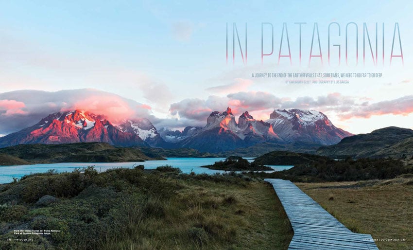 A dreamy landscape in Torres del Paine National Park featuring a lake and mountains, shot by Luis Garcia.