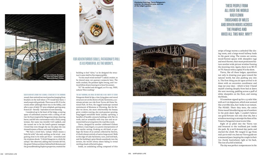 Tear sheet of photos of a spa pool, a plate with delicious food and The exterior of Tierra Patagonia Hotel, shot by Luis Garcia.