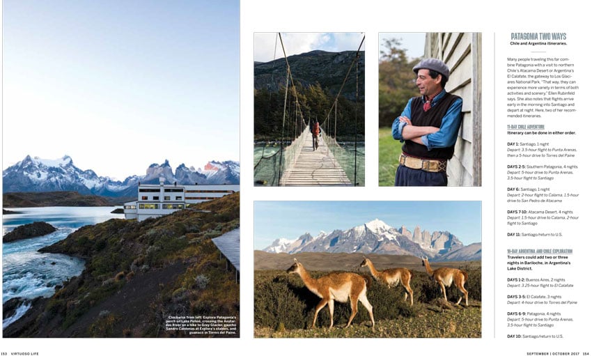 Tear sheet including pictures of a beautiful landscape, nature and alpacas, shot by Luis Garcia.