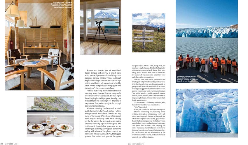 Tear sheet including pictures of an interior of a hotel and exploring Glacier Gray, shot by Luis Garcia.