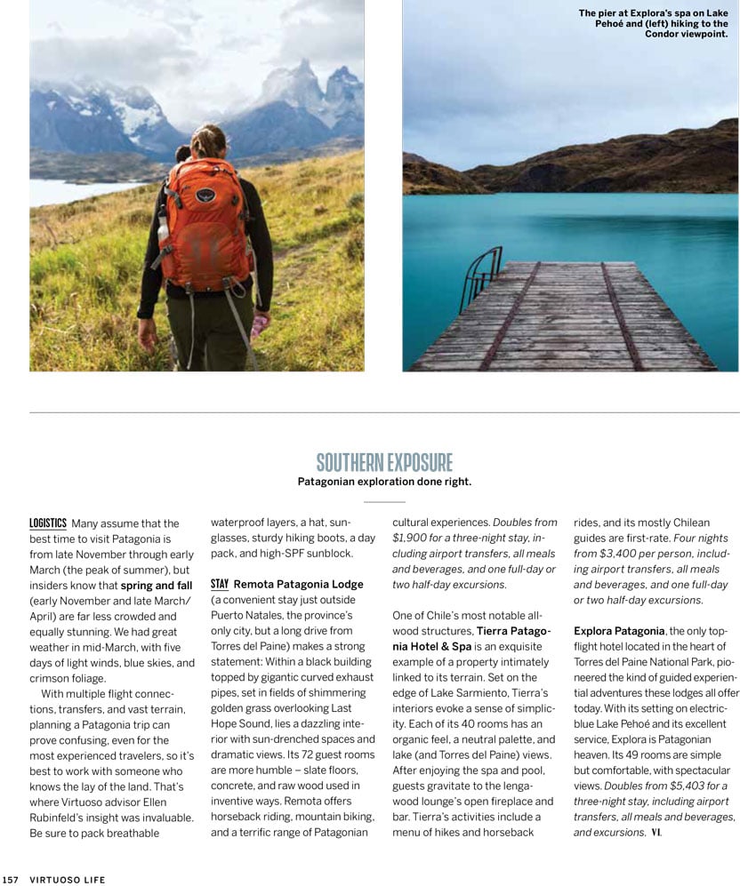 Tear sheet of hiking to the Condor viewpoint and the pier at Explora's spa on Lake Pehoé, shot by Luis Garcia.