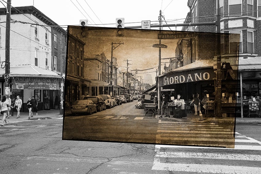 Nashville-based photographer Mark Boughton's photo from Philadelphia's Italian Market. The black and white photo features a view of the market on Washington Avenue. The photo is black and white and has a smaller sepia-toned frame within the photo. 