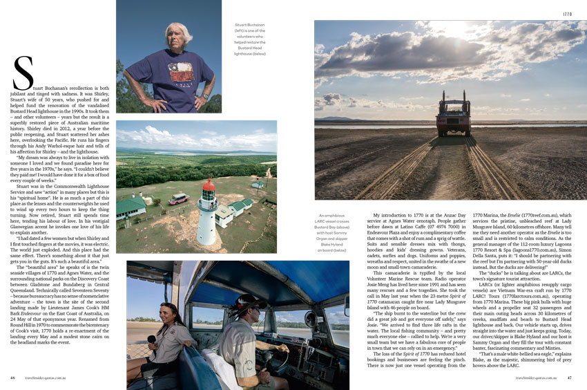 A tear sheet for Qantas Travel Insider with 4 images taken by photographer Mark Lehn. Clockwise from top left: a portrait of a woman with tan skin and white hair standing with her hands on her hips wearing a navy blue t-shirt with a Chilean flag on it, a landscape shot featuring a rugged terrain truck on a beach, an image from a boat tour of the tour guide holding a microphone and sitting back-to-back with the boat's captain, who is driving the boat, an aerial shot of a white lighthouse with a red top and a smattering of white buildings around it with green roofs.