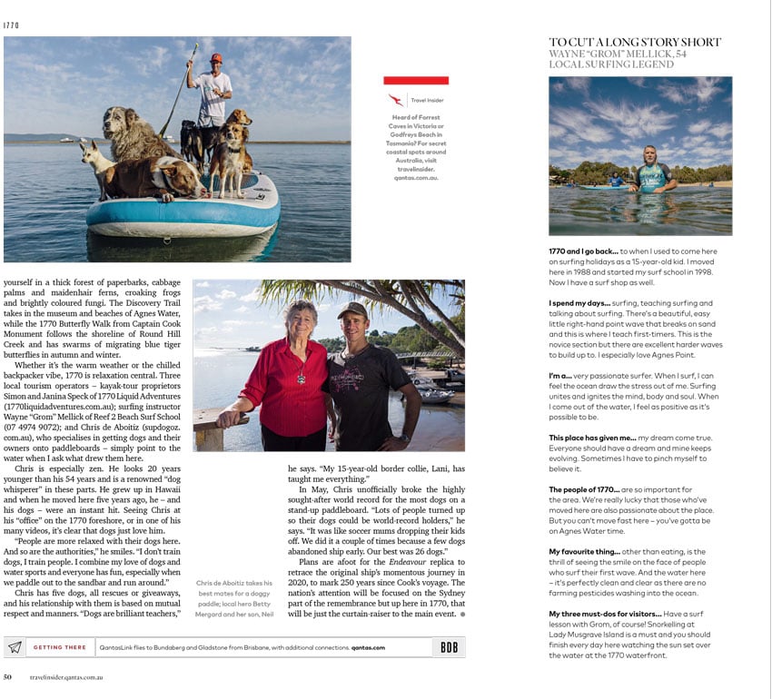 A tear sheet for Qantas Travel Insider featuring 3 photos by photographer Mark Lehn. Clockwise from upper left: a photo of a man in an orange baseball hat holding a paddle on a paddleboard with 9 dogs. A portrait of a man wearing a rash guard  standing waist-deep in a body of calm water. There is another person in the background with a surfboard. A portrait of two people smiling: on the left is an elderly woman with short gray hair and a red top, and on the right is a young man wearing a black t-shirt and a baseball cap.