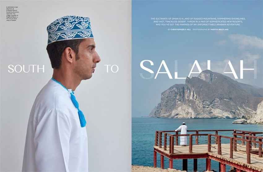 Published tear sheet features a side profile of an Omani man adorned in traditional attire, along with an image of a man standing on a dock, savouring the scenic view of the sea, photo by Martin Westlake.