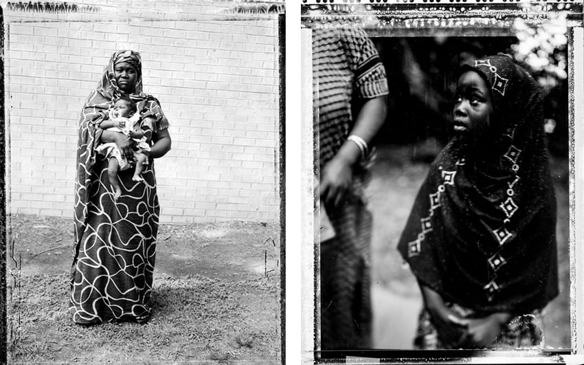 Tear sheet of mother holding a baby and young girl after resettling in America shot by photographer Bryan Meltz.
