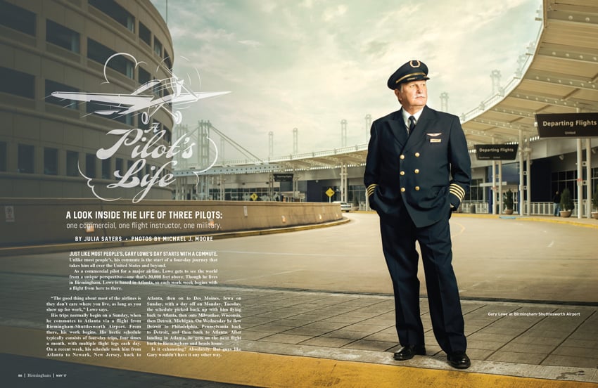 A tear sheet by Michael J. Moore for Birmingham Magazine. The tear sheet features a portrait of a pilot in uniform standing outdoors in the drop-off area of the airport. His weight is shifted onto his right foot, and he looks off into the distance to the left with his hands in his pockets.