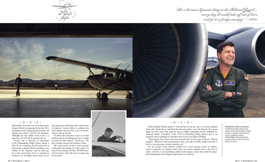 A tear sheet by Michael J. Moore for Birmingham Magazine featuring three photos. On the left is a portrait of a man at an airport walking. He is far away and in the left of the frame. On the right of the frame is a small plane. On the right of the tear sheet is a portrait of a man in uniform posed next to the propeller of a small plane. His arms are folded in front of him and he smiles broadly to the left. At the bottom of the tear sheet is a black and white portrait of a man in uniform. He is seemingly sitting in a small plane.