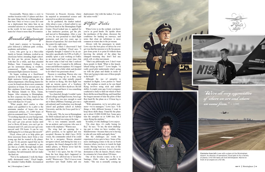 A tear sheet by Michael J. Moore for Birmingham Magazine featuring three different portraits of men and one photo of a plane taking off. 