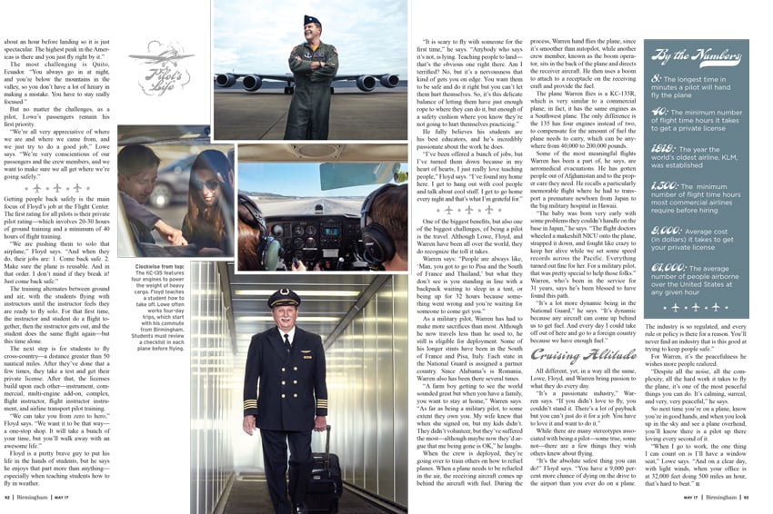 A tear sheet by Michael J. Moore for Birmingham Magazine. The tear sheet features two portraits of men in different types of pilot's uniforms, one photo taken from behind of a pair of people in a plane's cockpit, and one photo of a pair of people looking at a map together.