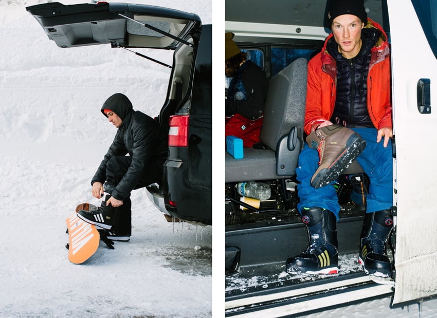Portraits of snowboarders sitting in a van shot by Adam Moran. 