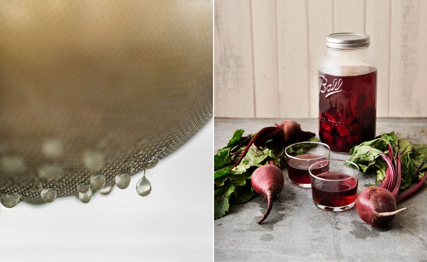 One image captures the mesmerizing sight of liquid gracefully dripping through a sieve, while the other features the vibrant essence of beetroot juice, photo by Nader Khouri.