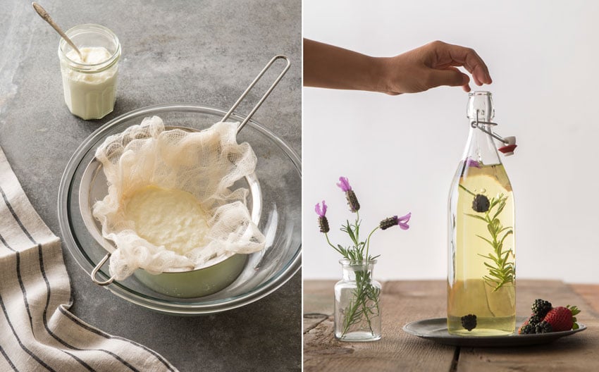 One image captures the intricate process of crafting kefir, while the other visually presents kombucha contained in a glass bottle, photo by Nader Khouri.
