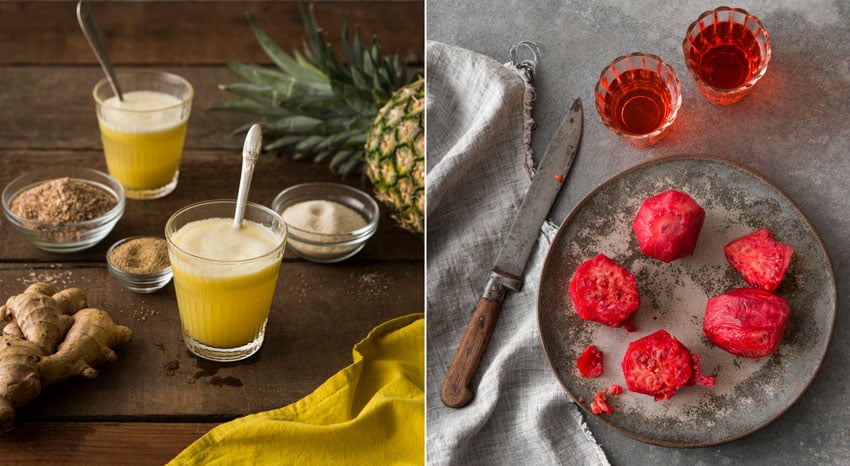 Two different images display two different, but equally delicious types of drinks alongside their ingredients.

