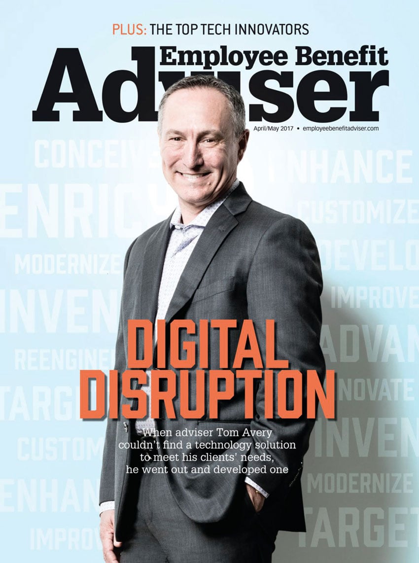 A cover of Employee Benefit Adviser with a portrait of Tom Avery. Photo by Patrick Strattner.