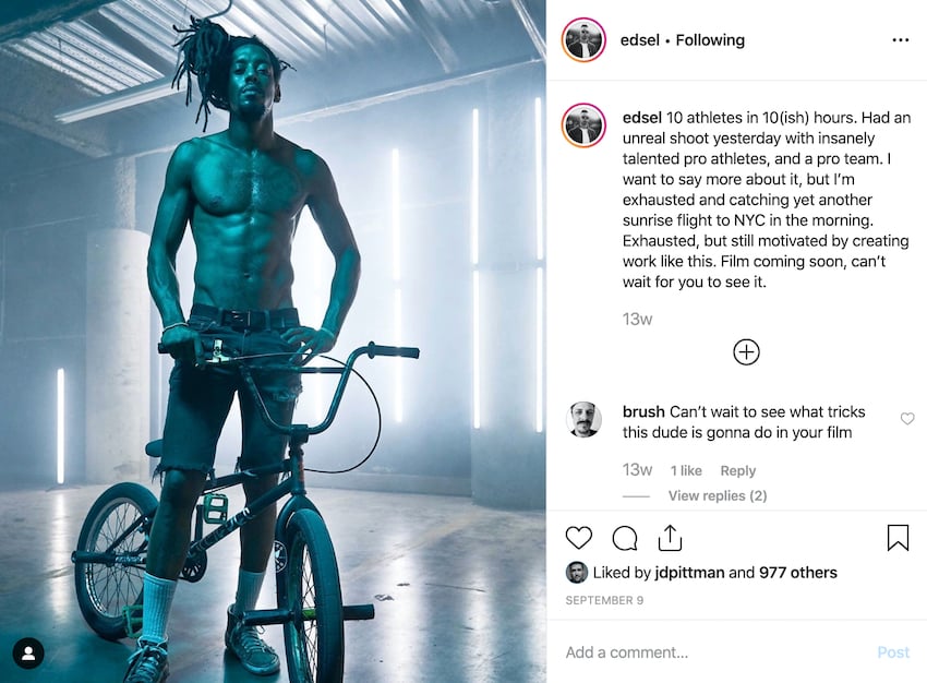 Instagram screengrab of a man with a bmx bike and a description of a photoshoot in NYC with athletes.