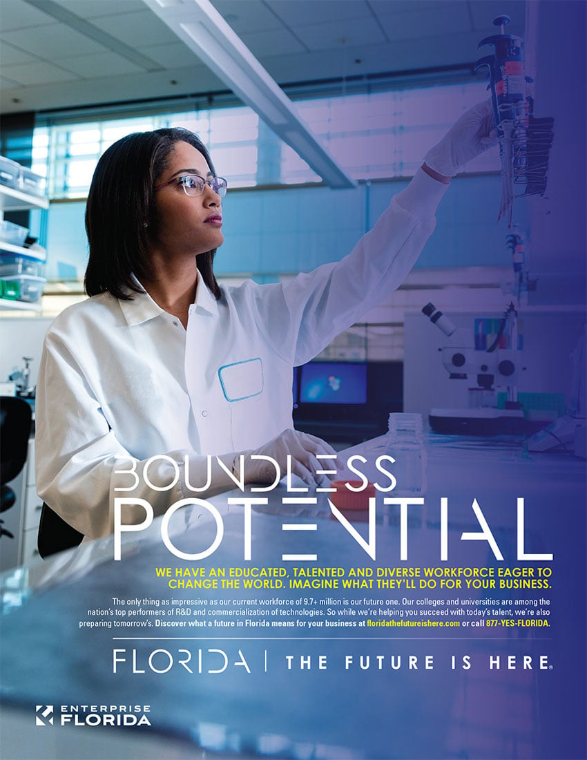 Tear sheet photo of a woman in a lab by Ryan Ketterman for Enterprise Florida.