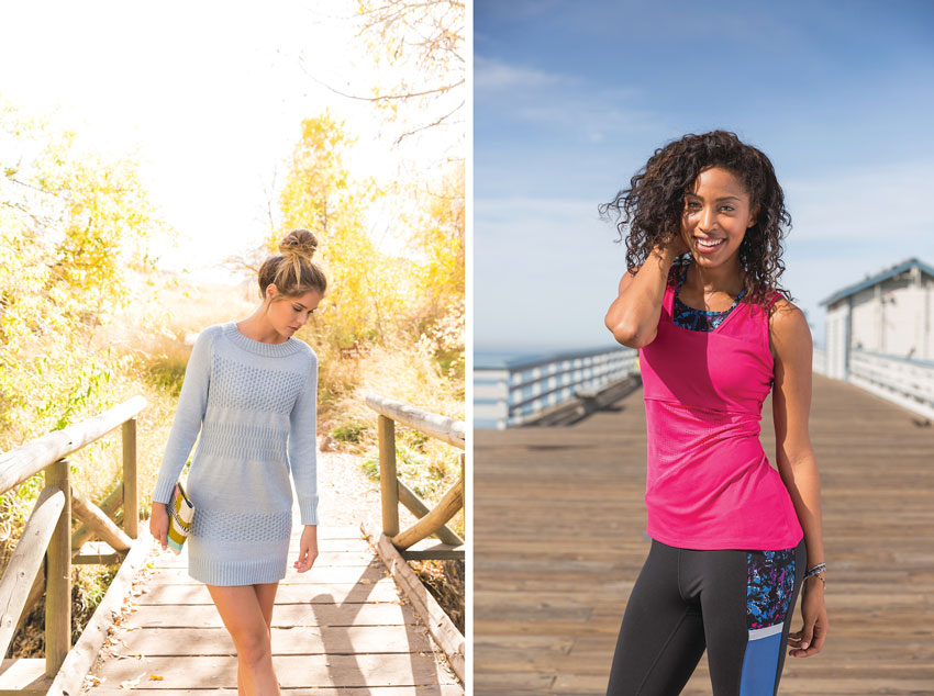 Left image features a woman in a jumper dress enjoying a nature stroll, and the right image showsaces another woman posing in activewear at the pier.