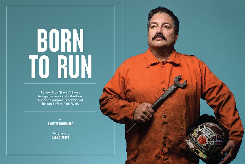 Tear sheet of a portrait of Randy Bryce, shot by Sara Stathas for Milwaukee Magazine.