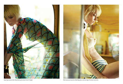 Tearsheet of a double page spread fashion shoot where the models pose in a trailer park.