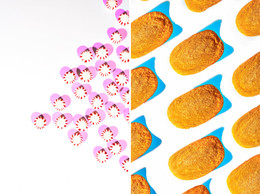 A diptych of photos by photographer Shea Evans. On the left is a photo of several circular peppermint candies which cast two pink shadows each, giving the effect of several small hearts. On the right is a photo of several golden brown nuggets that cast interestingly shaped teal shadows on a white background.
