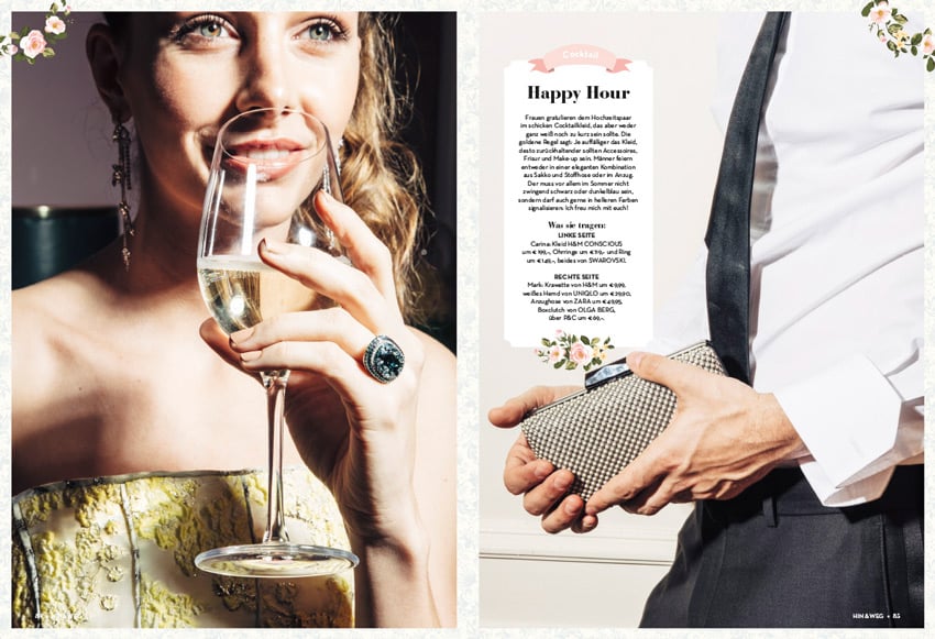 A tear sheet featuring a diptych of Stefan Fuertbauer's photos. On the left is an image of a woman in a formal strapless top holding a glass of white wine to her lips. She has a relaxed smile and wears a large statement ring. On the right is a closeup of a man in formal attire holding a woman's clutch purse.