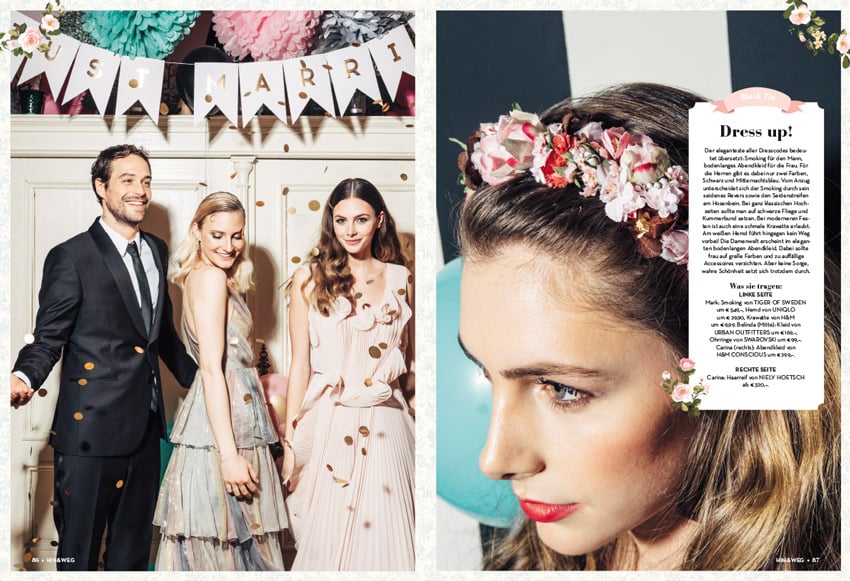 A tear sheet featuring a diptych of Stefan Fuertbauer's photos. On the left is an image of a trio of people, a man and two women, standing under a banner that says "JUST MARRIED." They are formally dressed and smiling, and there is large pieces of round golden confetti falling down on them. The image on the right is a closeup of a woman's face in profile. She wears a pink and white flower crown and a cherry-red color on her lips.