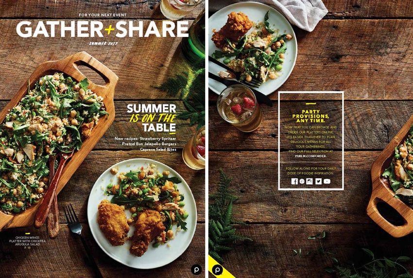 A tear sheet for Publix's publication called Gather and Share by photographer Stephen DeVries. The tear sheet features a diptych of Stephen's photos which each feature a different view of the same plates, serving dishes, and drinks laid out aesthetically on a dark raw wooden tabletop.
