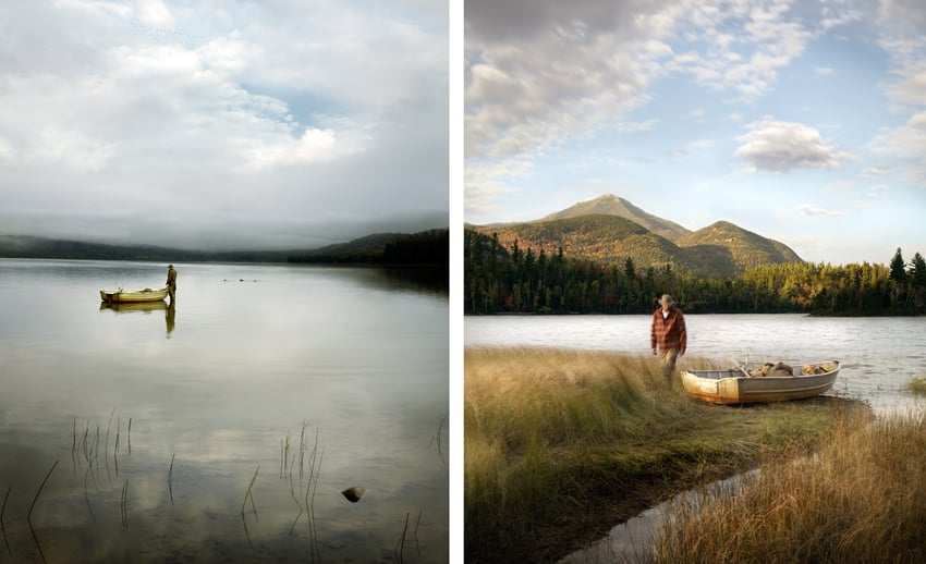 Two pictures showing a man and his boat on a lake with mountains in the background, photo by Eric Schmidt