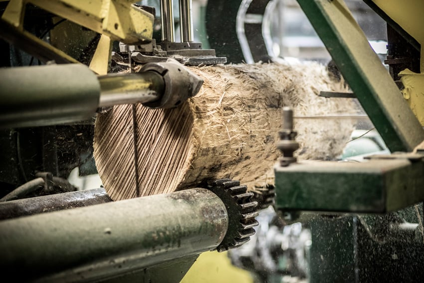 Photographer Tadd Myer's image from an ISC facility in which a wooden log is being processed by machinery. There are bits of saw dust in the air.