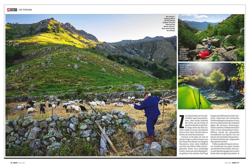 A tear sheet by Photographer Tegra Stone Nuess for Stern Magazine. The tear sheet features three photos of various mountain scenes. 