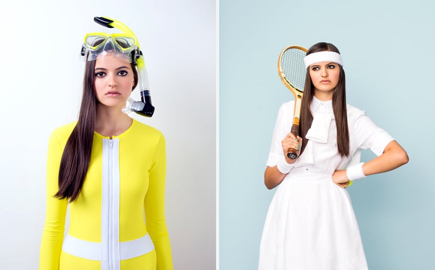 A diptych of Trevor Paulhus' photographs for The Office of Angela Scott. The photo on the left features a woman centered in the frame looking straight ahead wearing a yellow and white 60's style garment with a zipper down the middle and snorkeling goggles with a snorkel on her forehead. In the photo on the right is a photo of the same model, this time wearing an all white tennis outfit. She has an old-fashioned wooden tennis racket over her right shoulder and her left hand is on her hip.