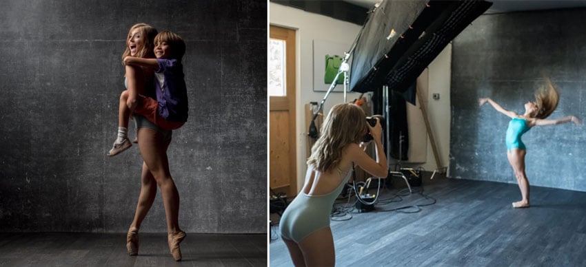 One image shows a ballet dancer and a kid, and the other one ballet dancer posing while the other one is taking the picture, photos by Tyler Chartier.