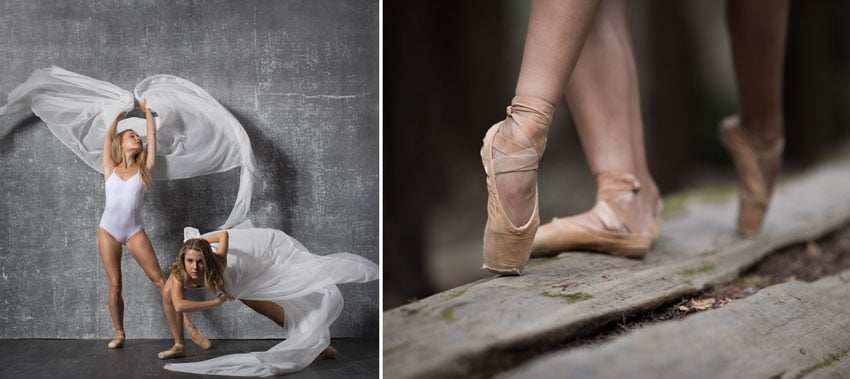 One image shows two beautiful ballet dancers in movement, the other one shows pointe shoes, photo by Tyler Chartier.