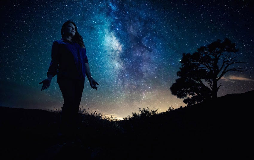 Willie Petersen's portrait of a woman posing in front of a starry sky. The portrait is very dark - it is nearly a silhouette. One can barely make out that the woman is wearing a blue top that compliments the blue tones of the starry sky behind her. She poses with her hands by her side with palms facing outwards. Her long hair is gathered over her left shoulder.
