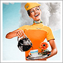 Portrait of stewardess pouring a cup of coffee against a bright background