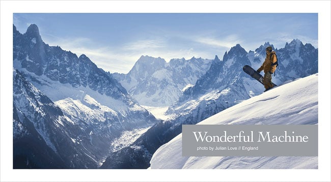 Wonderful Machine promo of man snowboarding in mountains photo by Julian Love
