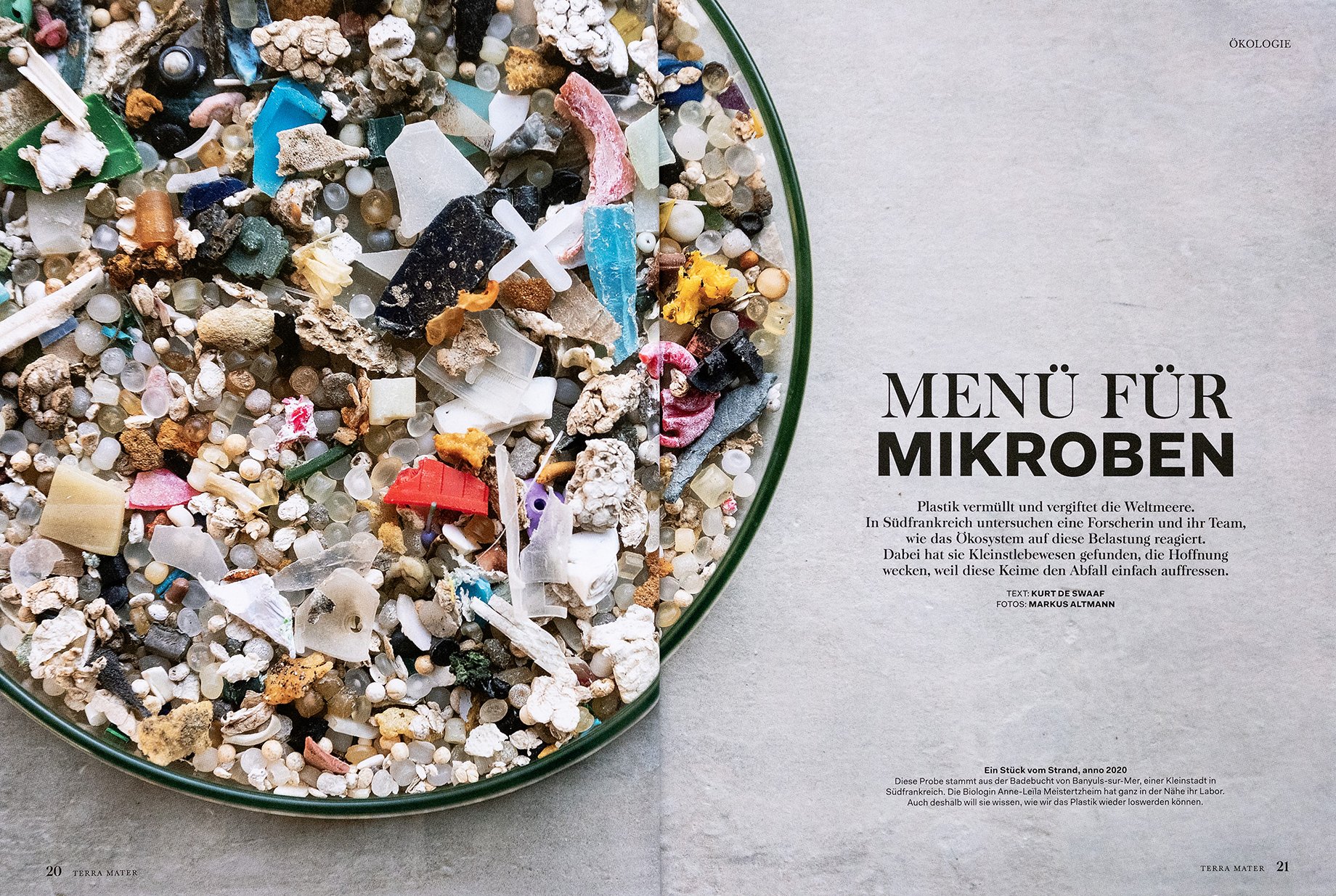 Tear sheet of Terra Mater article on Plastic at Sea Laboratory written by Kurt De Swaaf and shot by Markus Altmann 