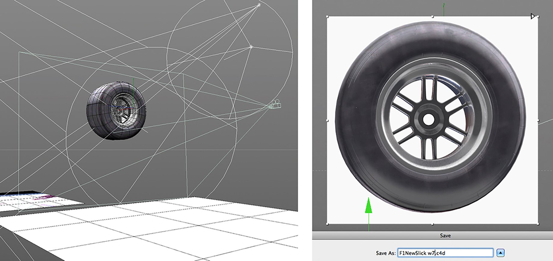 3D rendered image of Formula 1 tires created by John Fulton for HondaJet Wings campaign.