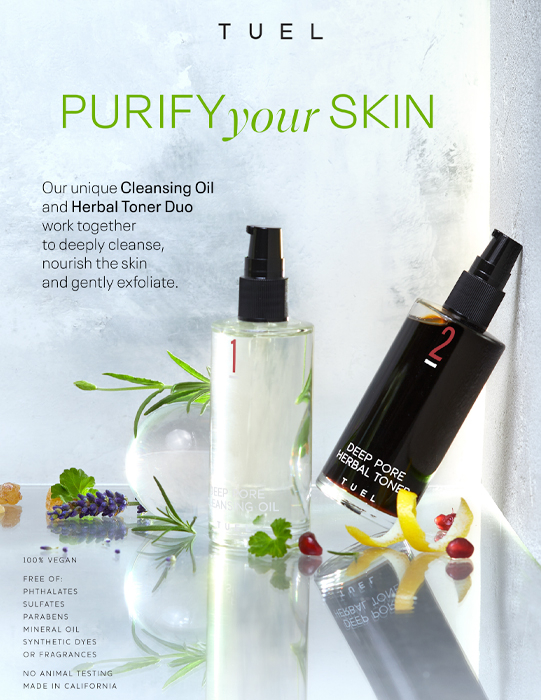 Tear sheet of products photographed by Chava Oropesa for Tuel Skincare