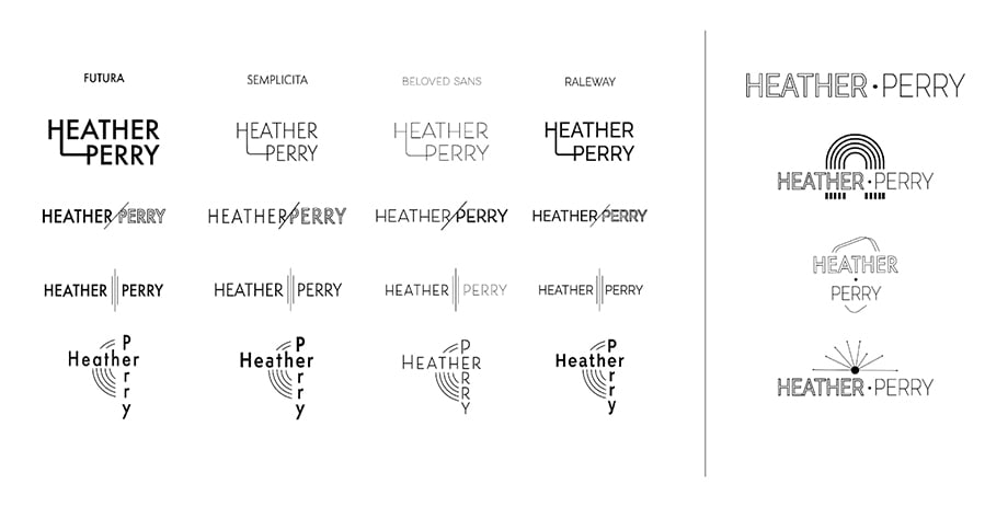 Lindsay Thomspon's rough drafts and experimental ideas for Heather Perry's Logo designs in black and white